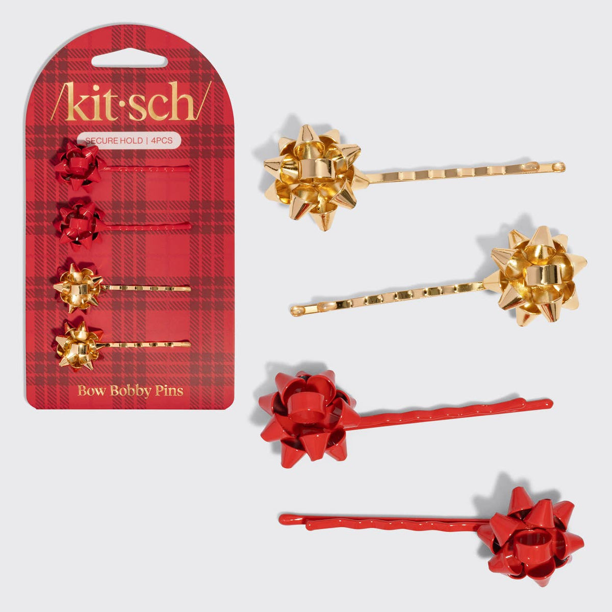 Red & Gold Metal Gift Bow Bobby Pins 4pc Set