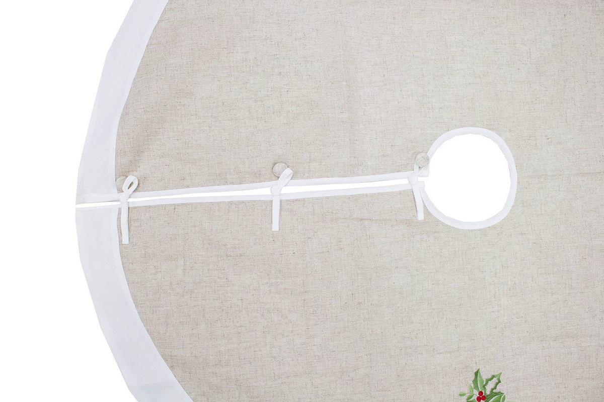 White & Natural Embroidered Holly 53" Christmas Tree Skirt