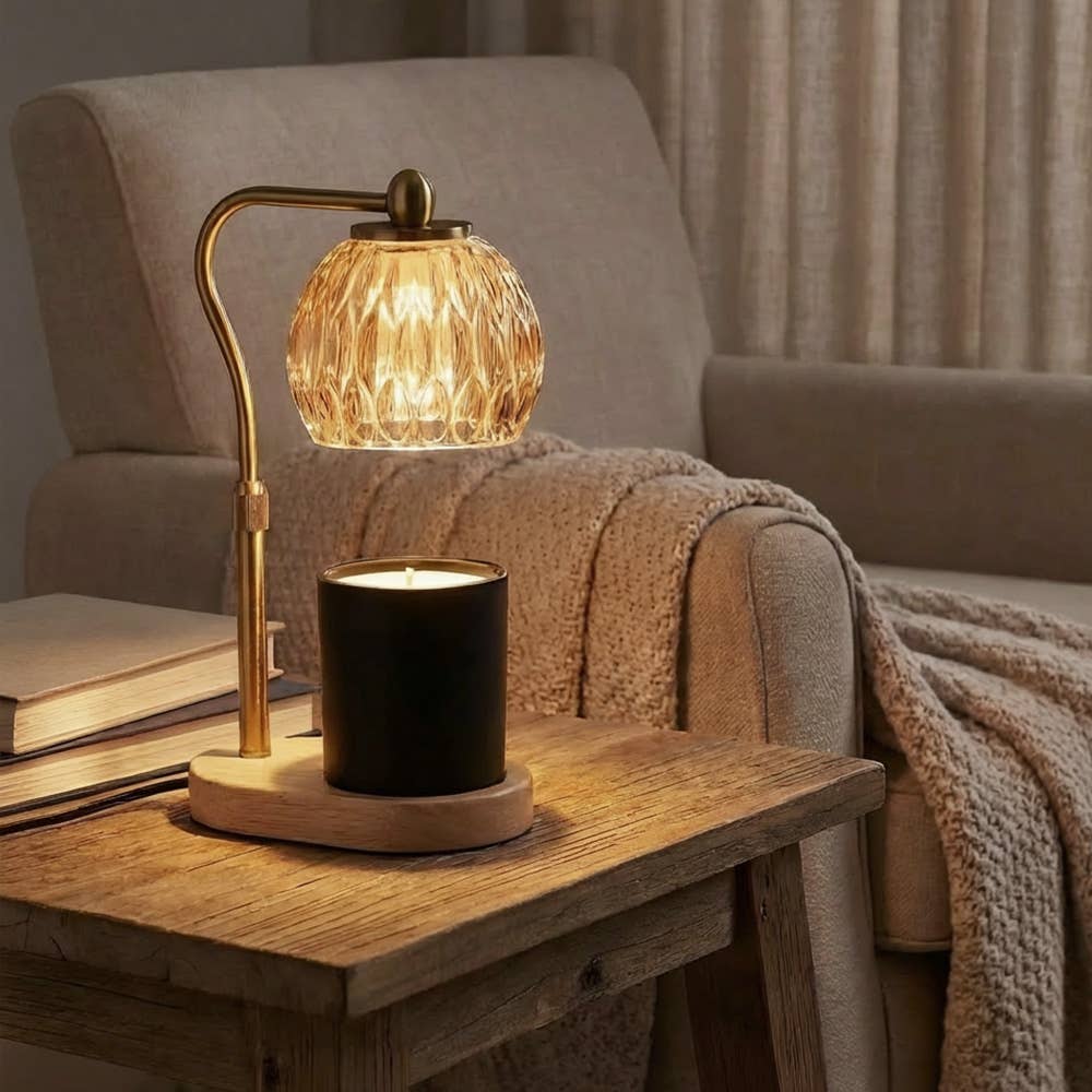 Candle Warmer Lamp - Crystal Glass & Wood Base - Gold