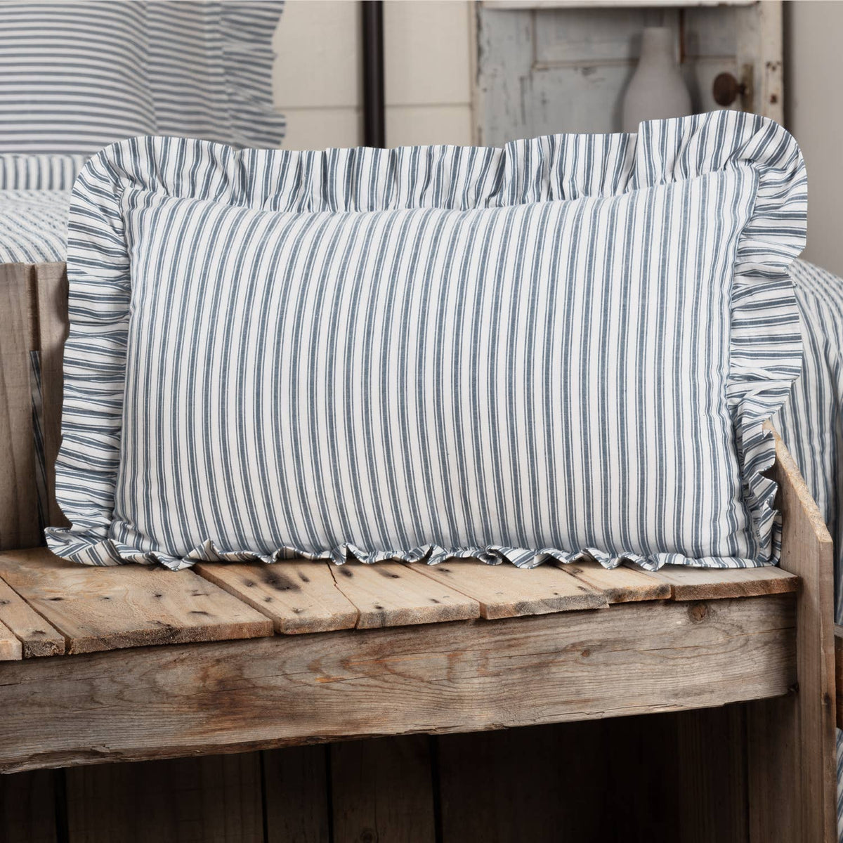 Sawyer Mill Blue Ticking Stripe Ruffled Throw Pillow 14x22