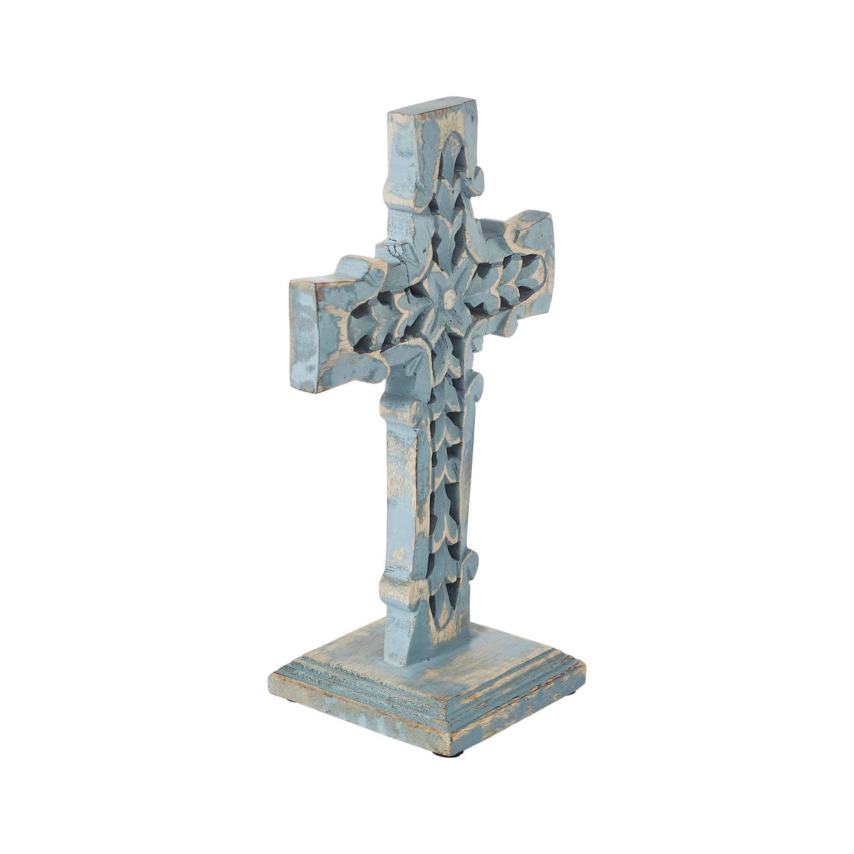 Distressed Blue Wooden Cross Farmhouse Decor 13 Inch