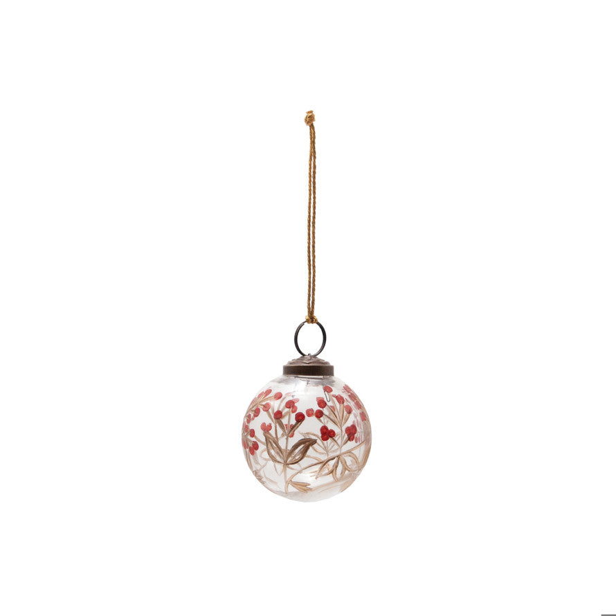 2" Red Etched Glass Ball Ornament