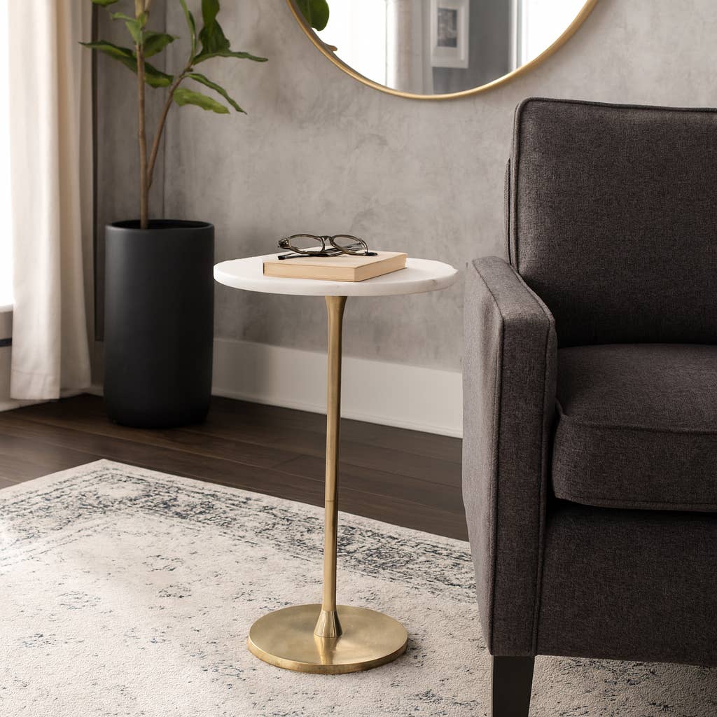 Side Table - Gold/White Marble Top Metal Round Base, 24 in.