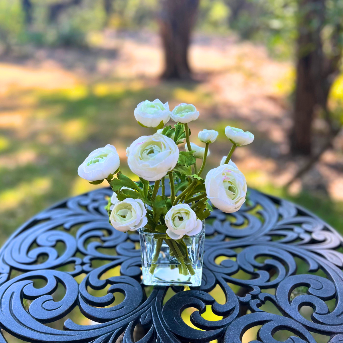 Silk Ranunculus Flowers in Glass Vase - 8"
