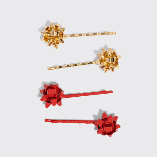 Red & Gold Metal Gift Bow Bobby Pins 4pc Set