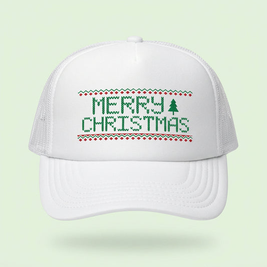 Merry Christmas Stitch Cross-Stitched White Trucker