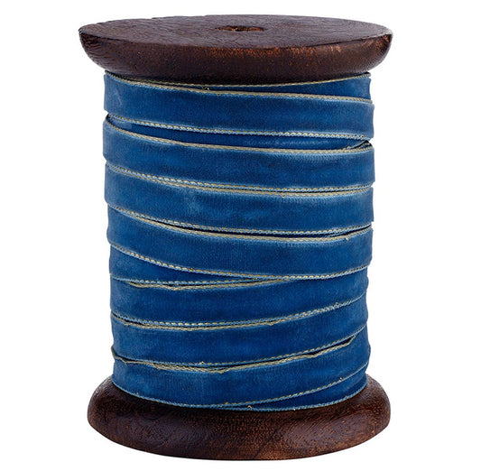 Gold Edge Velvet Ribbon - Smoky Blue