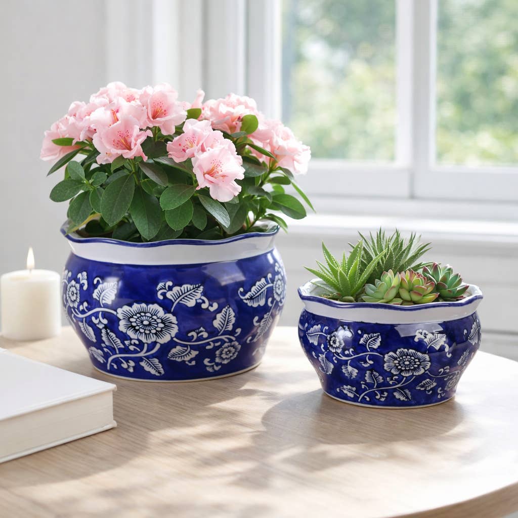 Ceramic Chinoiserie Planters Set of 2 - Blue, 10/12 in.