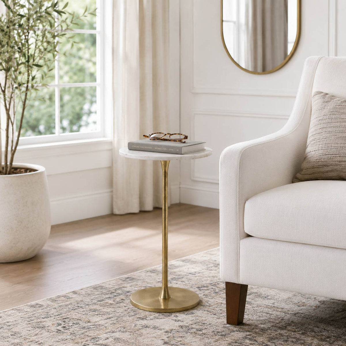 Side Table - Gold/White Marble Top Metal Round Base, 24 in.