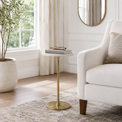 Side Table - Gold/White Marble Top Metal Round Base, 24 in.