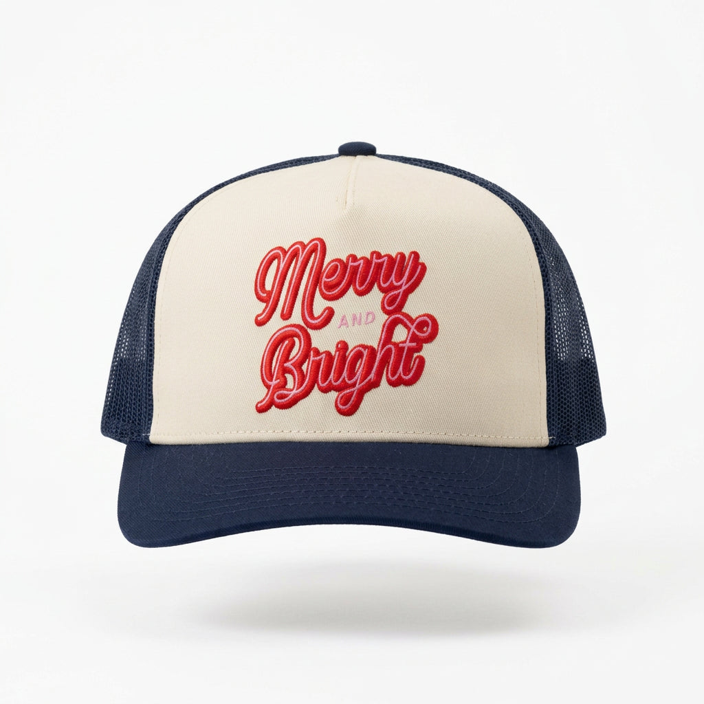 Merry & Bright Cream/Navy Canvas Trucker Hat