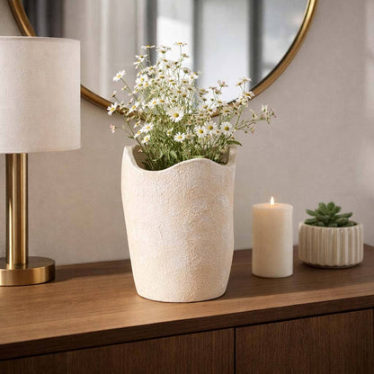 Decorative Ivory Ceramic Abstract Wavy Rim Vase
