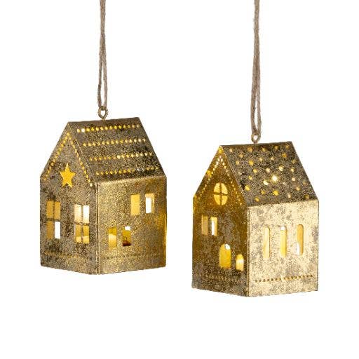 Assorted gold foil metal house ornament LED lights