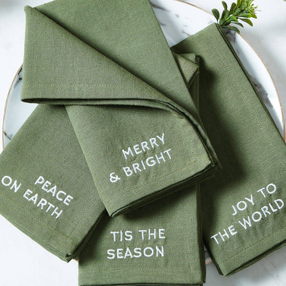 Joyful Sentiment Christmas/Holiday Embroidered Napkins, Set of 4