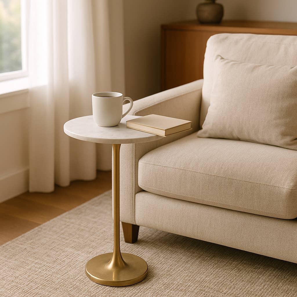 Side Table - Gold/White Marble Top Metal Round Base, 24 in.