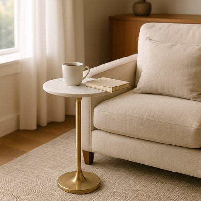Side Table - Gold/White Marble Top Metal Round Base, 24 in.