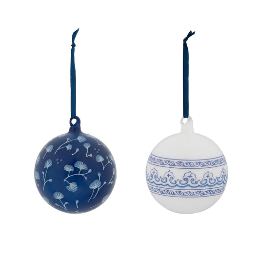 Promo Chinoiserie White Ginko/Arrows Glass Ball Ornament ( Set of 2 )