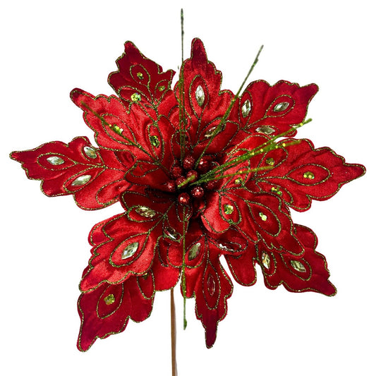 Glitz Gem Velvet Poinsettia Stem - Red/Green 27”