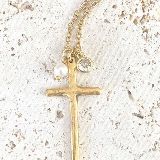 Rustic Pearl Cross Necklace