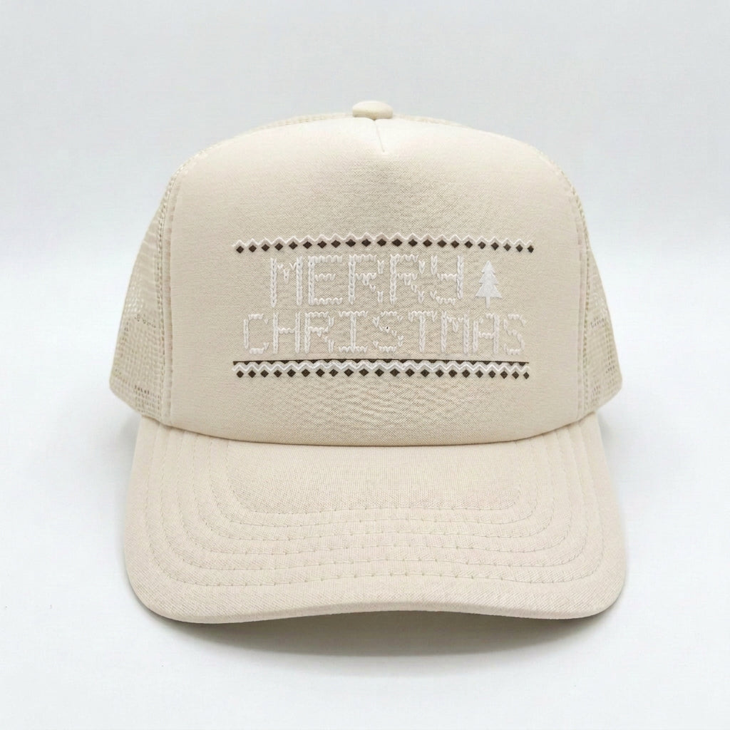 Merry Christmas Stitch Cream Trucker Hat