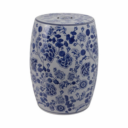 Stool - Blue Ceramic Elegant Hydrangea Chinoiserie, 18 in.
