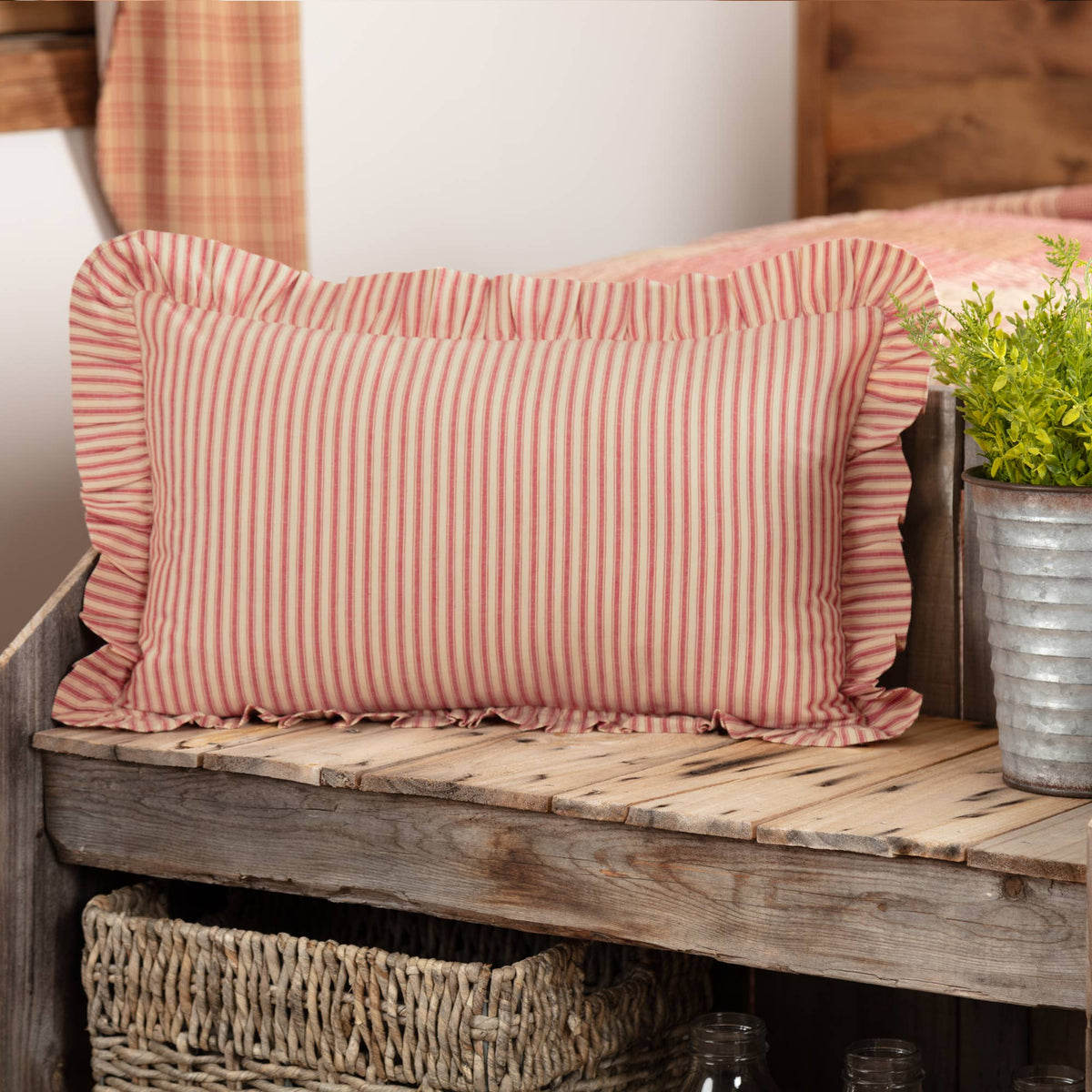 Sawyer Mill Red Ticking Stripe Ruffled Throw Pillow 14x22