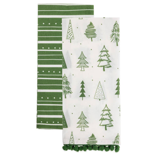 Green Trees & Stripes Tea Towels Set of 2