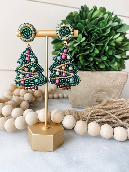 Green Christmas Tree Beaded Statement Earrings