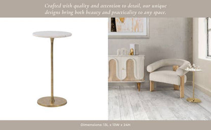 Side Table - Gold/White Marble Top Metal Round Base, 24 in.