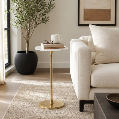 Side Table - Gold/White Marble Top Metal Round Base, 24 in.
