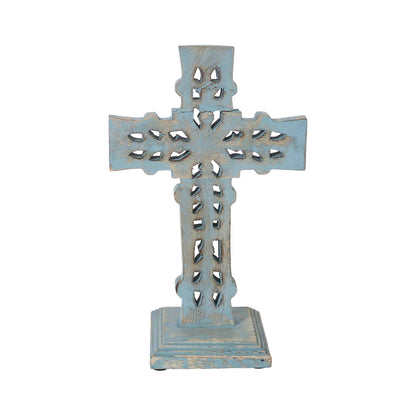Distressed Blue Wooden Cross Farmhouse Decor 13 Inch