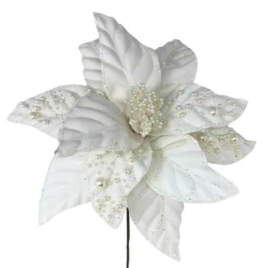 Faux Leather Pearl Poinsettia Stem - White 24”