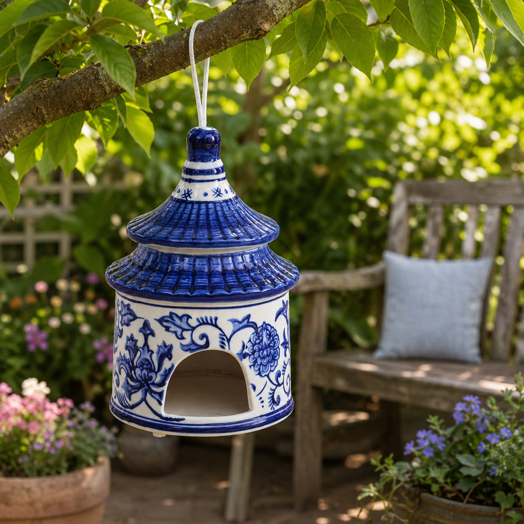 Bird House - White/Blue Ceramic Chinoiserie, 8 in.