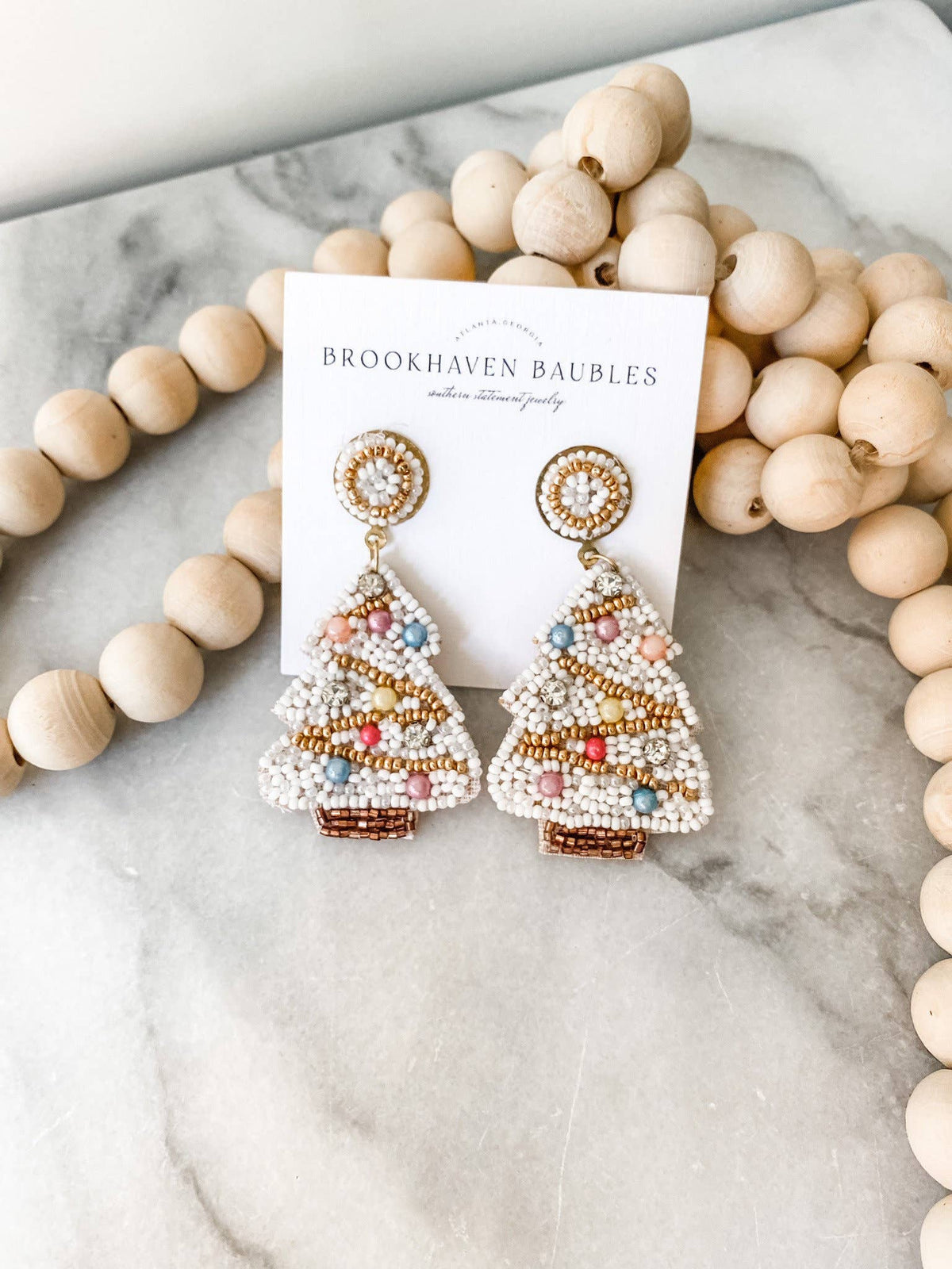 White Christmas Tree Beaded Statement Earrings