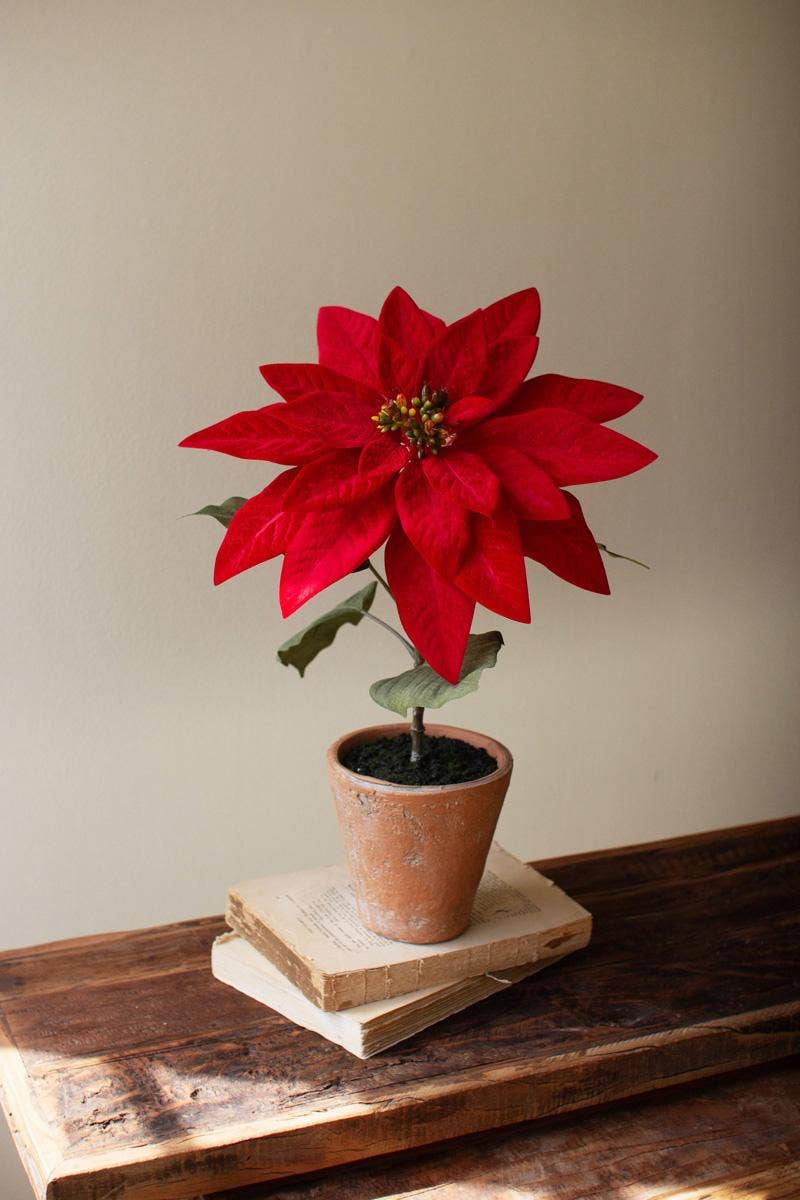 ARTIFICIAL POINSETTIA IN A CEMENT POT - RED