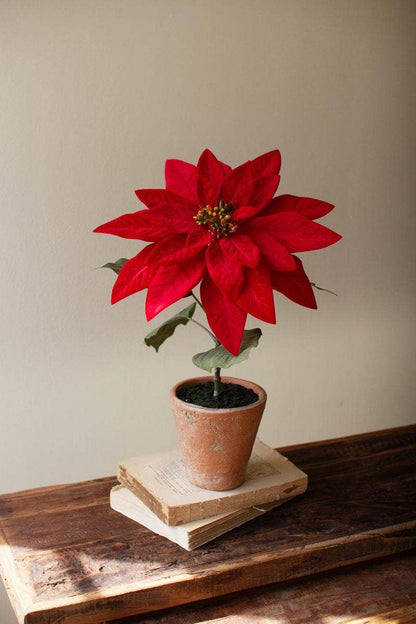 ARTIFICIAL POINSETTIA IN A CEMENT POT - RED