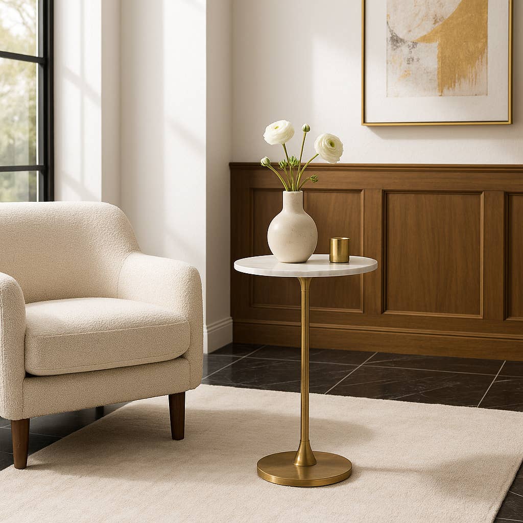 Side Table - Gold/White Marble Top Metal Round Base, 24 in.