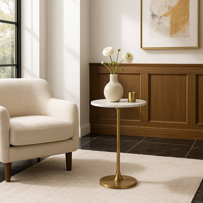 Side Table - Gold/White Marble Top Metal Round Base, 24 in.