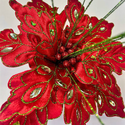 Glitz Gem Velvet Poinsettia Stem - Red/Green 27”