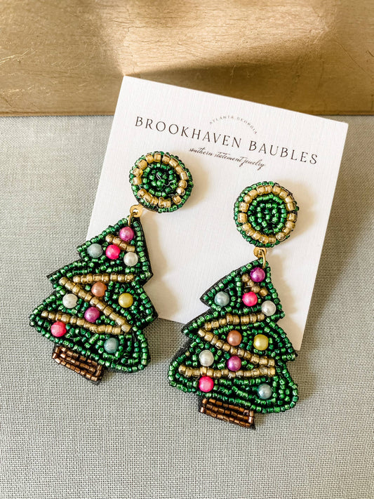 Green Christmas Tree Beaded Statement Earrings