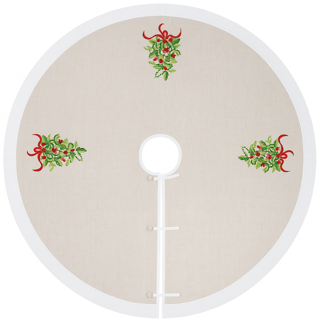 White & Natural Embroidered Holly 53" Christmas Tree Skirt