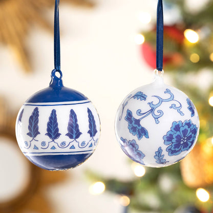 Promo Chinoiserie Peony/Feathers Glass Ball Ornament (Set of 2)
