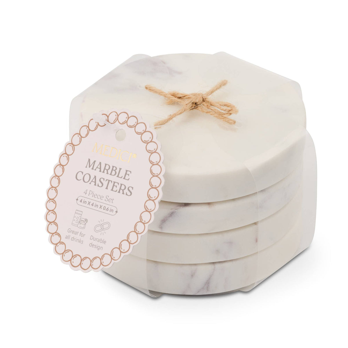 4pk Round Marble Coaster - White