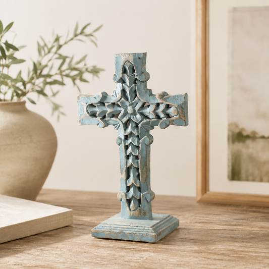 Distressed Blue Wooden Cross Farmhouse Decor 13 Inch