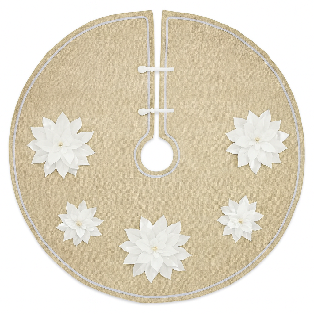 Silver-White 3D Poinsettia Natural 53" Christmas Tree Skirt