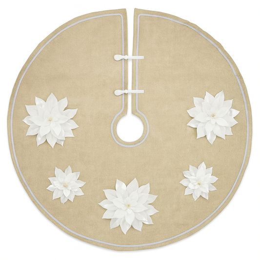 Silver-White 3D Poinsettia Natural 53" Christmas Tree Skirt