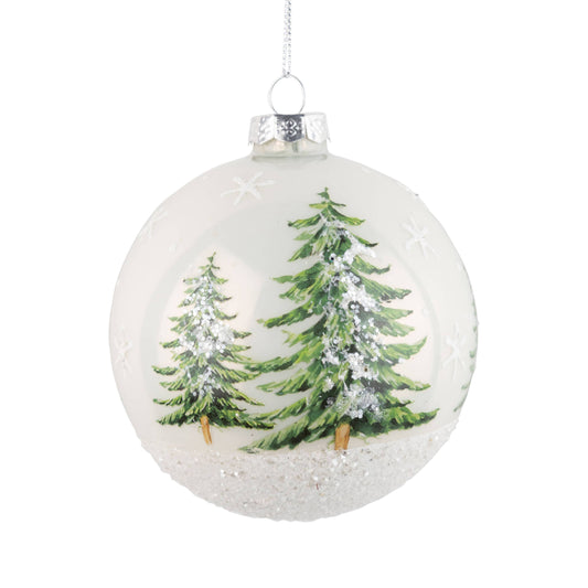 Glass Ball Ornament, Shiny White with Tree - 4 in