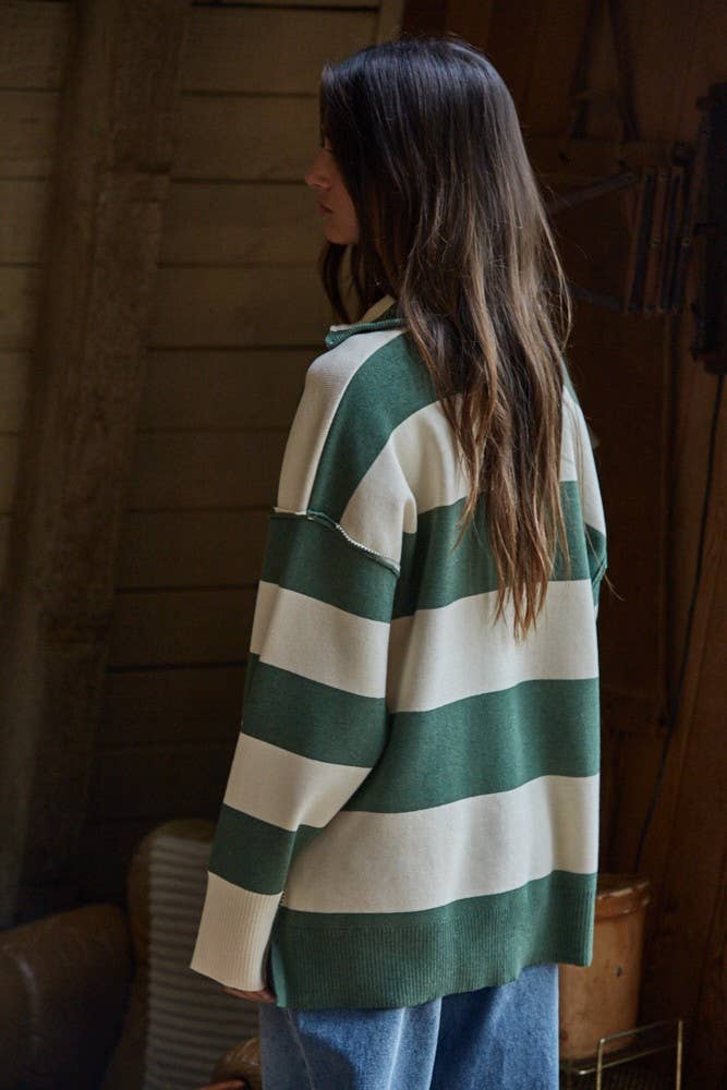 Knit Striped Turtleneck Half Zip Up Top