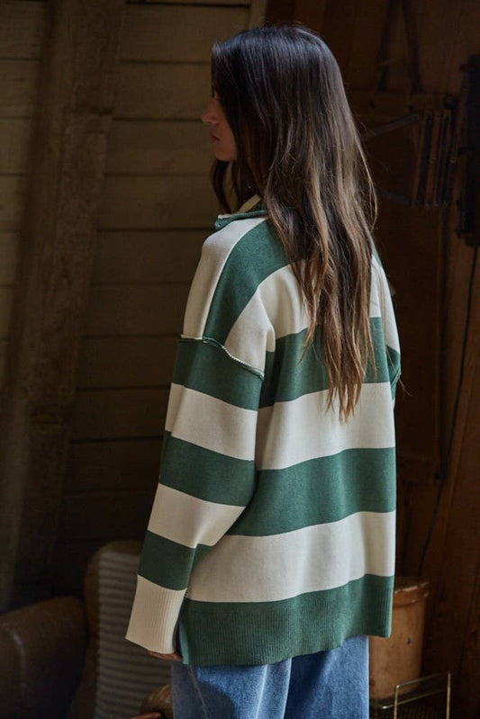 Knit Striped Turtleneck Half Zip Up Top