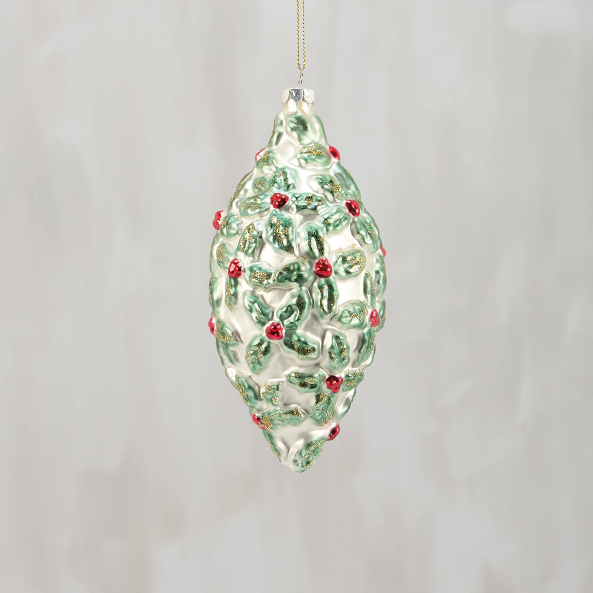 Holly Finial Glass Xmas Ornament